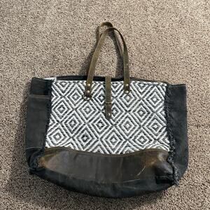 Myra Bag Tote Womens Large Black Brown Woven Leather Canvas Boho Geometric Purse
